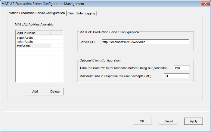 MATLAB Production Server Configuration Management window where you can configure the server URL and timeout.