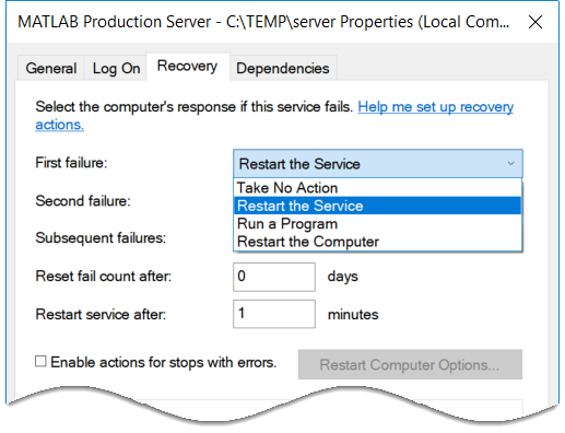 Recovery tab in Service Control Manager in Windows