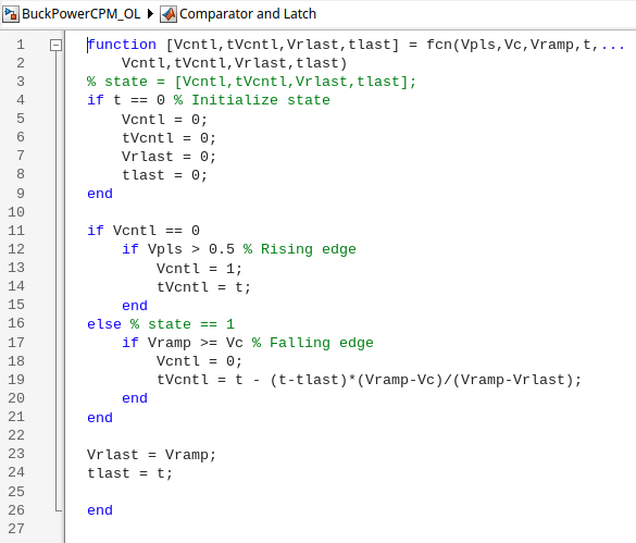 MATLAB code showing when comparator output switches from zero to one.