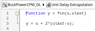 MATLAB code showing unit delay extrapolation.