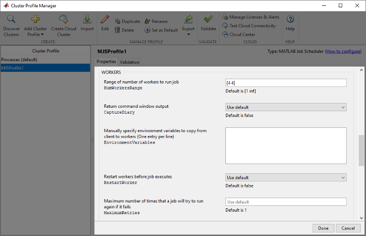 The Cluster Profile Manager, showing the properties of a MATLAB Job Scheduler cluster profile including the NumWorkersRange property.