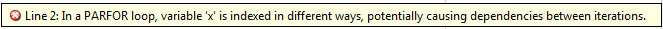 Code Analyzer message reporting an issue on line 2. It explains that in a parfor-loop, variable 'x' is indexed in different ways, potentially causing dependencies between iterations.