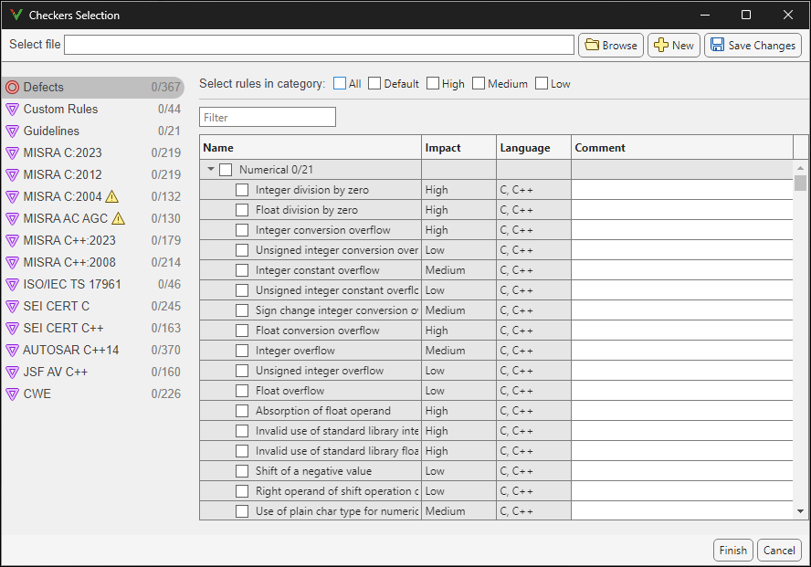 Polyspace Checkers selection interface