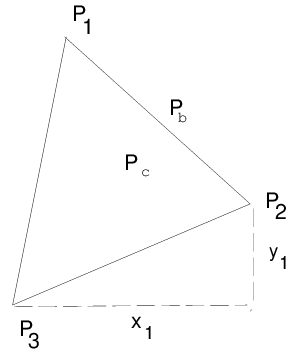 Triangle with the nodes P1, P2, and P3, the center of mass Pc, and the midpoint Pb between P1 and P2