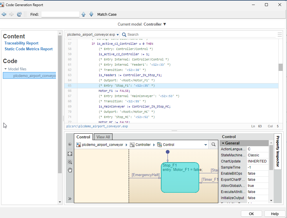 Click on the hyperlink to highlight the associated state in the Stateflow chart.