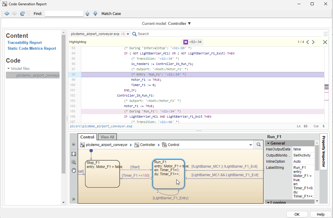Click on highlighted state and corresponding lines are highlighted in the generated code.