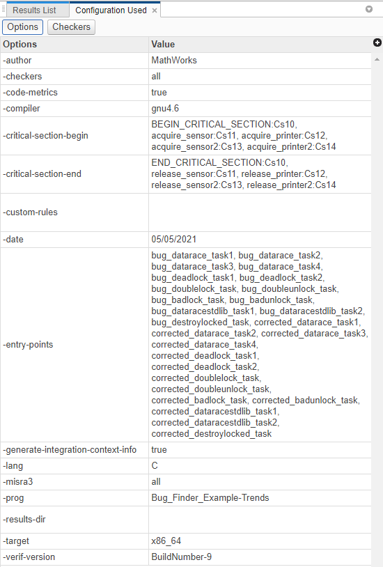 The Configuration Used pane shows the analysis options used to generate the current analysis results.