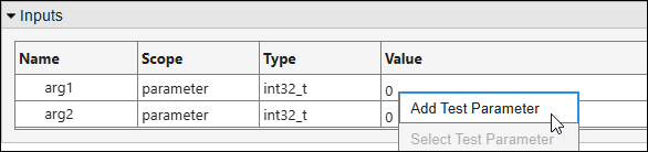 Right-clicking entry in value column and select option to add test parameter.