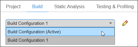 Drop-down list showing the user-defined build configurations