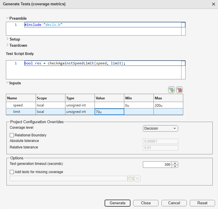 Generate Tests window with Preamble, Test Script Body and Inputs section filled.