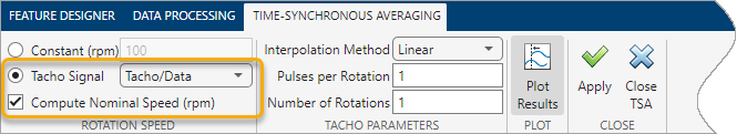 The Tacho Signal selection and the Compute Nominal Speed option are the second and third items in the column on the left.