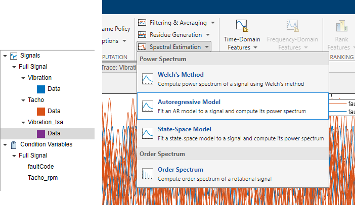 Signals list with the Vibration-tsa signal selected on the left, and Spectral Estimation list on the right. The Autoregressive model is the second option on the list.