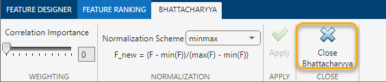 The Close Bhattacharyya button is on the right.