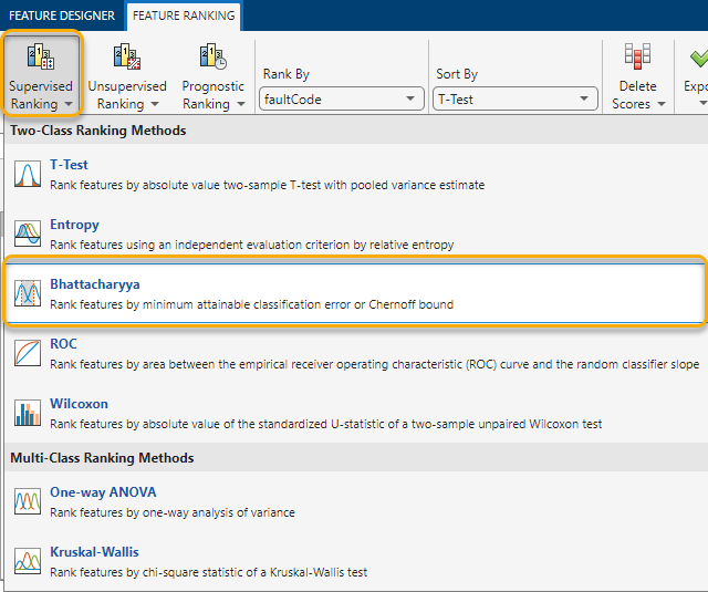 The Supervised Ranking button is the first item in the row on the top. In the list of ranking methods beneath the top row, Bhattacharyya is the third item.