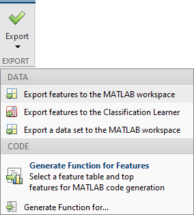 Export button in Diagnostic Feature Designer showing menu for feature and data export and for code generation