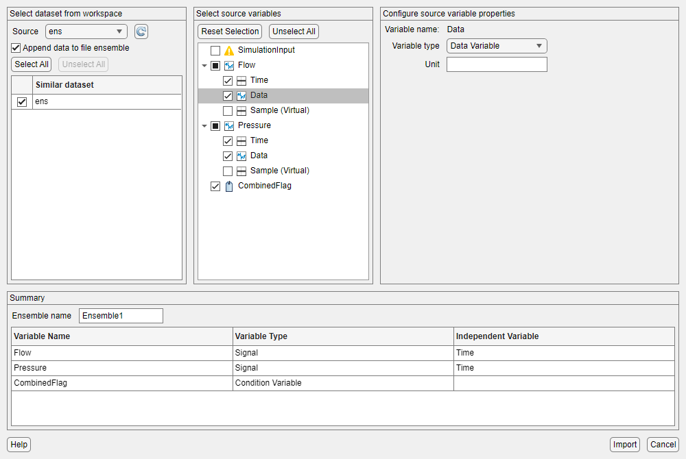 The ensemble ens is selected on the left. The SimulationInput variable is on the top. It is not selected, and has an orange triangle with an exclamation point next to it. Beneath SimulationInput, the variables are, from top to bottom, Flow, Pressure, and CombinedFlag.