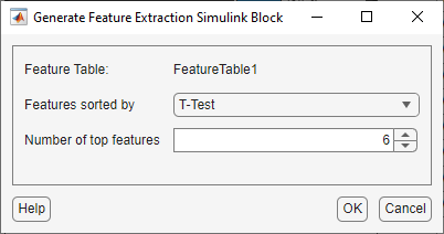 The Generate Feature Extraction Simulink Block contains, from top to bottom, Feature Table, Features sorted by, and Number of top features. Help, OK, and Cancel bottoms are beneath these options.