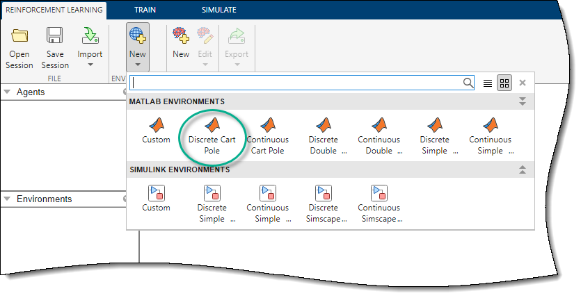 Reinforcement Learning Designer Window with expanded "New Environment" section showing the choices of environments to import