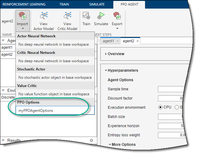 Select one of the listed options objects, which are available in the MATLAB workspace.