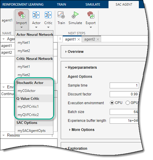 Select one of the listed actor or critic objects, which are available in the MATLAB workspace.