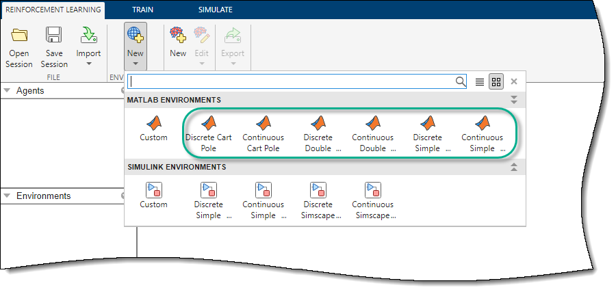 You can select one of several predefined MATLAB environments.