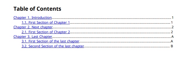 Report table of contents where chapters 1 and 2 have Arabic page numbers and chapter 3 has alphabetic page numbers A and B