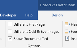 Header & Footer Tools tab with Different First page box unselected