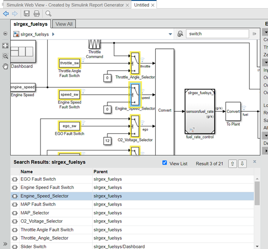 Search results pane showing the selected web view results, and the model with the associated blocks highlighted.