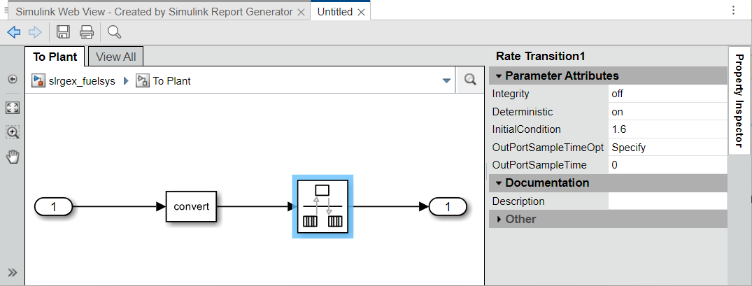 The web view model viewer pane displays the To Plant system. The Rate Transition block is highlighted and the object inspector pane displays the block parameters.