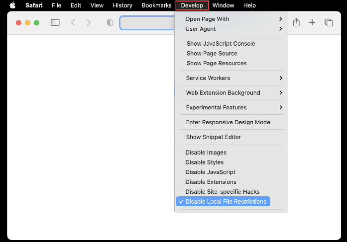 Develop menu is open and the Disable Local File Restrictions option is selected