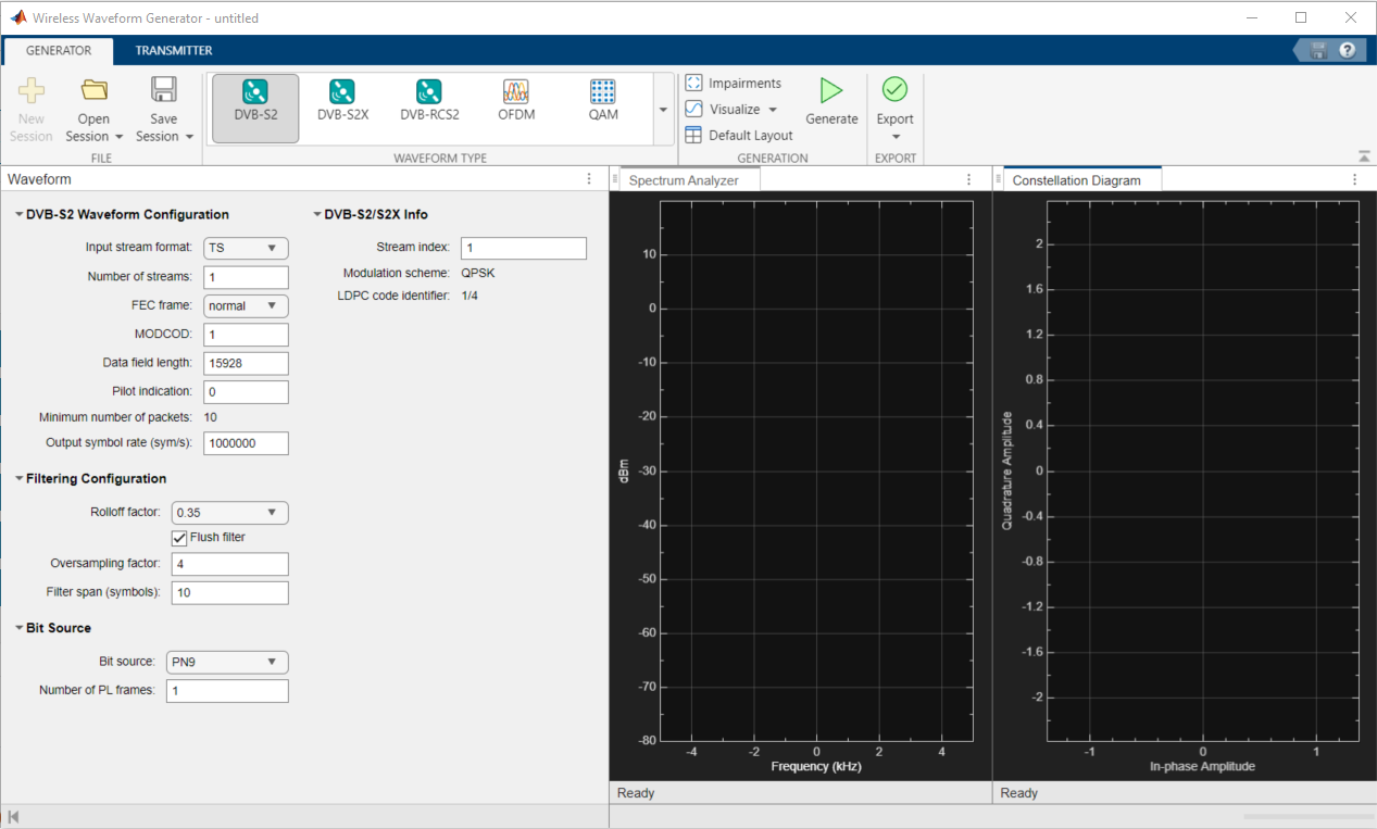 Default satellite waveform generator app session window, showing tabs for DVB-S2, DVB-S2X, and DVB-RCS2, under the Waveform Type section of the app toolstrip.