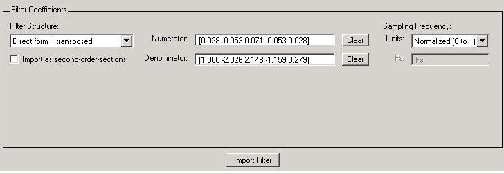 Filter coefficients window section in Filter Designer App