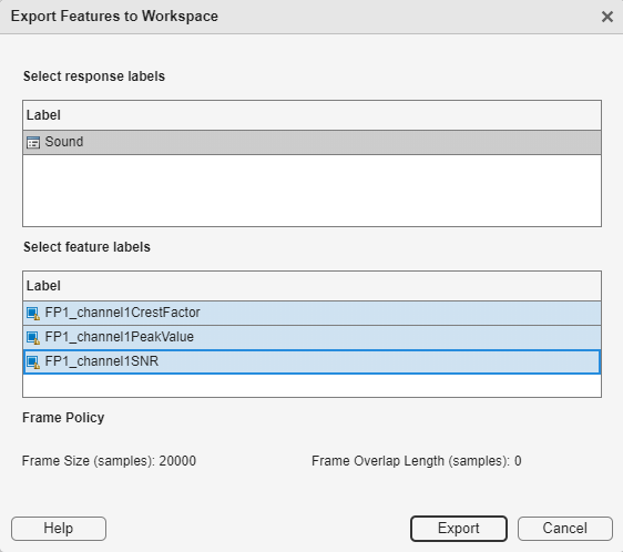 Export features to workspace dialog box.