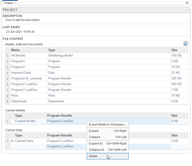 Project tab, including a Cached Model context menu with the Delete item highlighted.