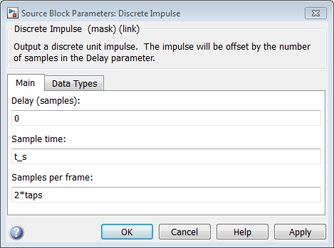 Discrete impulse block mask with Sample time is set to t_s and Samples per frame is set to 2*taps in the Main tab.