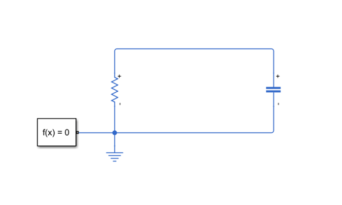 Simscape network diagram of a resistor and a capacitor connected in a closed loop