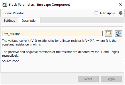 Simscape Component block dialog box