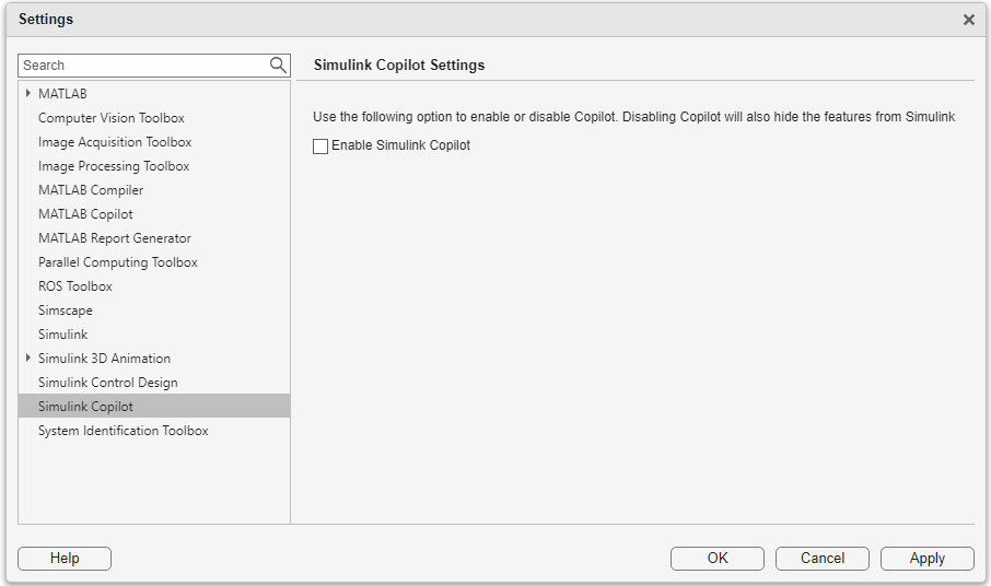 Settings window with the Enable Simulink Copilot check box cleared