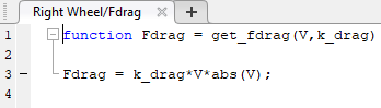 The MATLAB Function Block Editor shows the code for a MATLAB function named Fdrag that calculates the drag force.