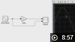 A screenshot from the Building and Simulating a Simple Simulink Model video shows a model with a sine wave input and part of a Scope block displaying signal data.