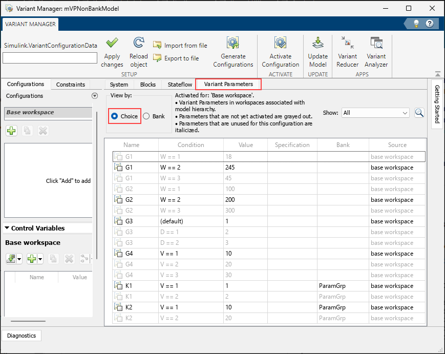 Variant Manager window shows the default view of the Variant Parameters tab. The view shows the choices of variant parameters that are present in the base workspace along with the associated variant conditions and values of the choices.