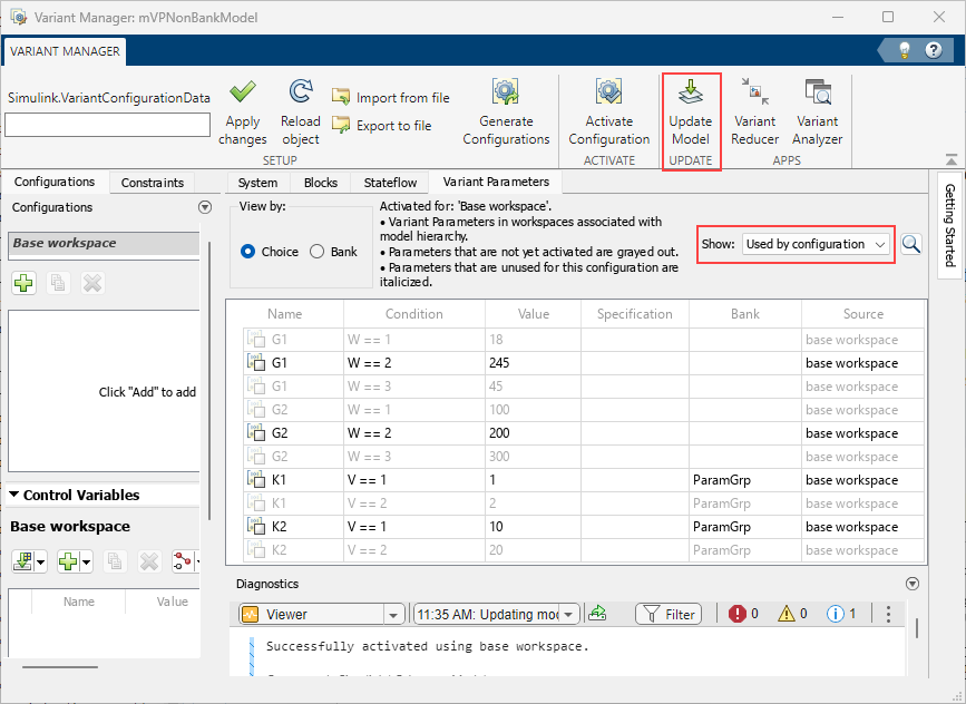 Variant Manager showing the Variant Parameters tab. The Used by Configuration option is selected. Only the parameters used by the model appear in the results.