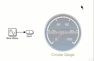 An unconnected Circular Gauge block connects to the signal that a Sine Wave block sends to an Outport block.