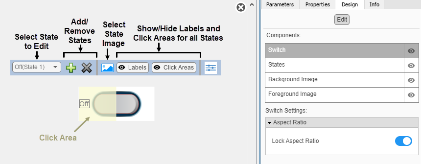 Customizable Rocker Switch block in design mode with the toolbar and the Design tab in the Property Inspector visible.