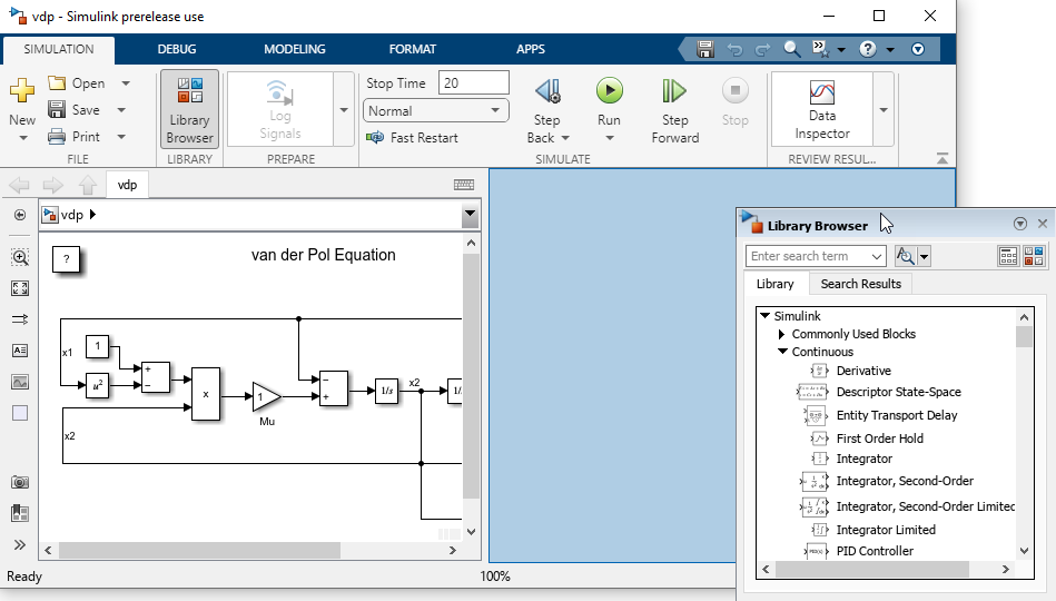 Simulink model of Van der Pol equation, with the Library Browser hovering over a blue area on the right side of the editor