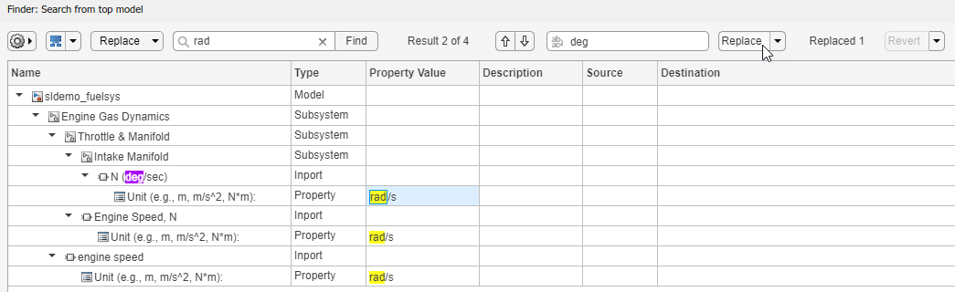 The Finder shows four results for "rad" in the sldemo_fuelsys model hierarchy. The first result has "rad" replaced with "deg," and the second result is selected.