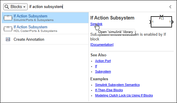 Quick insert menu with "if action subsystem" entered in the search bar, showing the details pane for the If Action Subsystem block