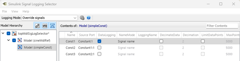 The Signal Logging Selector configured to log only the randomSig, Sine1, and Const1 signals.