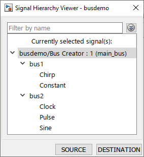 The Signal Hierarchy Viewer shows the hierarchy for a bus with two nested buses that contain two and three elements respectively.