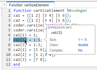 Code generation report, showing size of ca1{2}